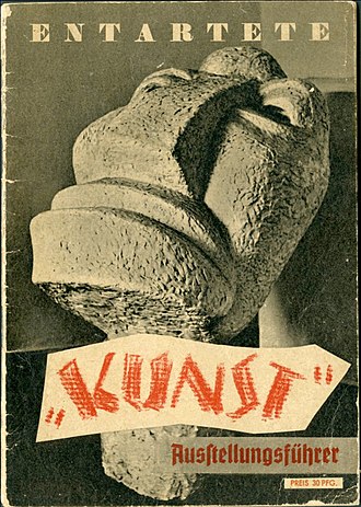 Entartete "KUNST" Ausstellungsführer 30 Pfg. Degenerate art Exhibition catalogue front cover 1937 Nazi Germany Propaganda Otto Freundlich Der neue Mensch (L'Homme nouveau) 1912 No known copyright restrictions 17-20 (3).jpg