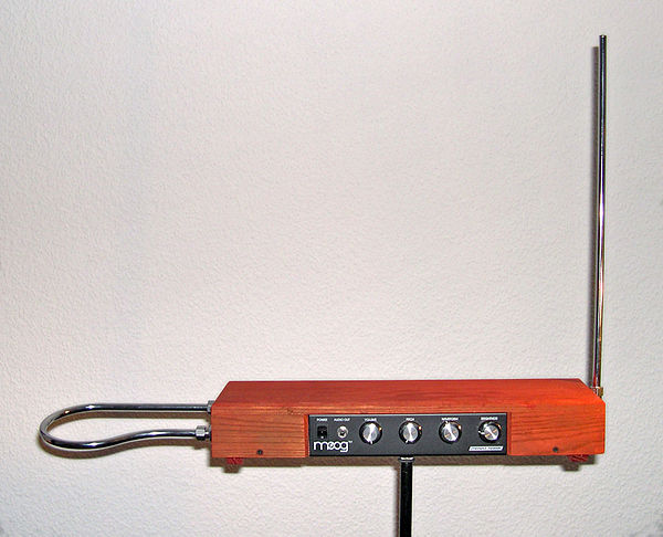 A Moog Etherwave, assembled from a theremin kit: the loop antenna on the left controls the volume while the upright antenna controls the pitch.