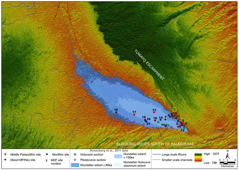 File:Figure 2. Newly discovered archaeological sites (by period) overlain upon the palaeohydrological reconstruction of the Mundafan area.png