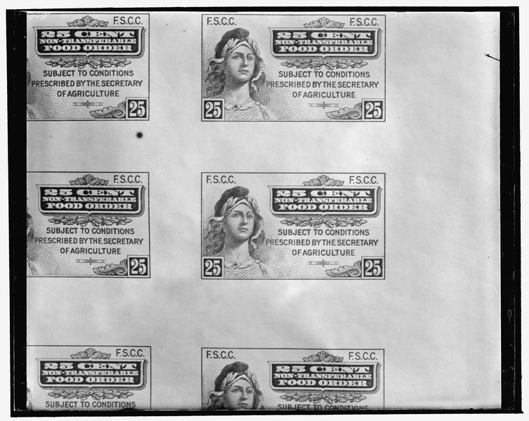 File:First food stamp. Washington, D.C., April 20. The first of the new surplus food stamps came of the presses at the Bureau of Engraving and Printing today. Latest of the administration's plans LCCN2016875474.tif