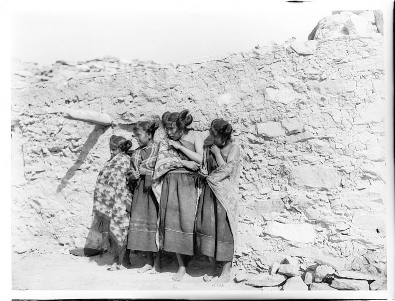 File:Four young Hopi Indian girls standing in a row in the village of Oraibi, ca.1900-1901 (CHS-1078).jpg
