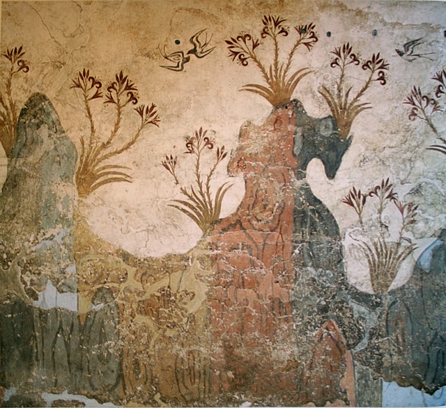 Minoan fresco of swallows in springtime at Akrotiri, c. 1500 BC