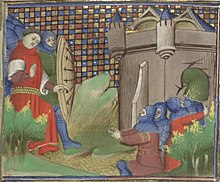 Illustration en couleurs de plusieurs hommes sortant d'un mur par un trou.