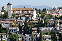 The Church and mirador of San Nicolas at the top of the Albaicín hill (seen from the Alhambra)