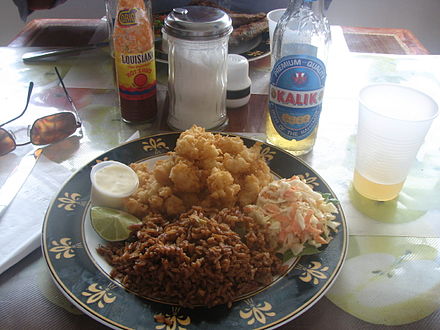 Cracked conch, peas and rice, coleslaw and a cold Kalik beer