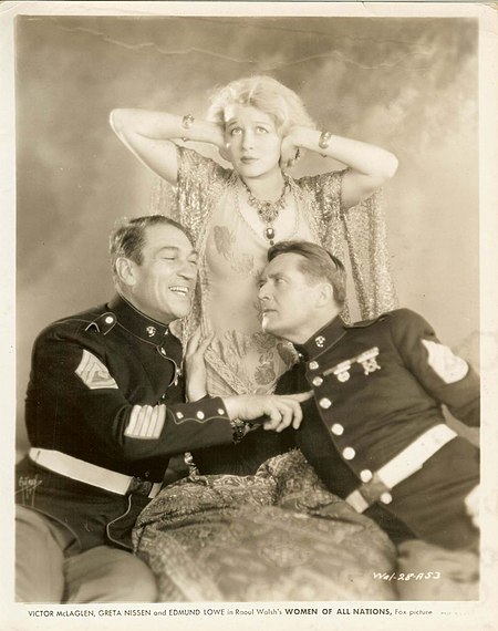 Promotional photo of McLaglen, with Greta Nissen and Edmund Lowe, for the 1931 comedy film Women of All Nations