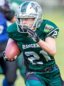 Tanya Russell of the Croydon Rangers in the 2017 Women's Vic Bowl, in which she won the MVP award Gridiron Victoria Womens 2017 Vic Bowl.jpg