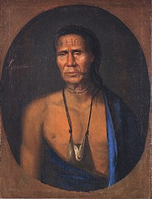 Lenape chief Lappawinsoe, depicted in a 1735 painting by Gustavus Hesselius Gustavus Hesselius-Lapowinsa (larger).jpg