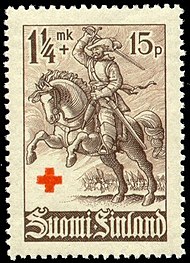 A cavalryman of Hakkapeliitta, the Finnish cavalry of Thirty Years' War, featured on a 1940 Finnish stamp Hakkapeliitta-1940.jpg