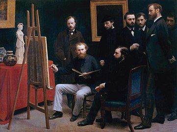 Un atelier aux Batignolles, Manet au centre peint, autour de lui de gauche droite Otto Scholderer, Auguste Renoir, Zacharie Astruc, Emile Zola, Edmond Maître, Frédéric Bazille et Claude Monet. 1870, Paris, musée d'Orsay.