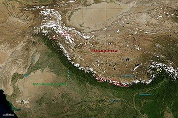 Himalayas and allied ranges NASA Landsat showing the eight thousanders, annotated with major rivers.jpg