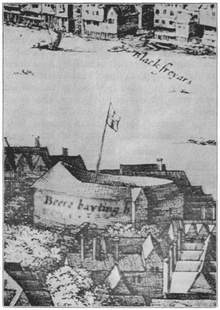 The Hope playhouse, or second Bear Garden, from Hollar's View of London (1647) -- the engraver's misnaming corrected. Hollar Bear baiting Southwark.png