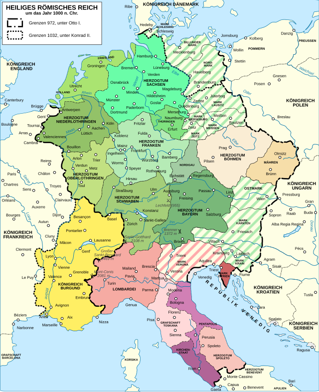 Tysk-romerska riket omkring år 1000.