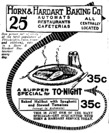 Newspaper ad from 1922 for the 25 Philadelphia locations of Horn and Hardart automats, restaurants, and cafeterias, claiming that the equivalent of one out of every sixteen people in the city ate in one of their establishments daily Horn and Hardard halibut ad.png