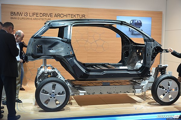The BMW i3 electric car is one of the rare modern passenger cars with a separate body and frame design (2013).