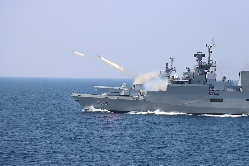 File:INS Kadmatt (P29) and INS Kiltan (P30) during anti-submarine firing drills.jpg