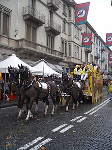 A carriage pulled by four horses that will be used in the battle Ivrea Carnevale Carro da Getto.JPG