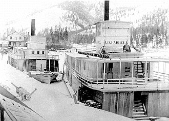 North Star (on left) laid up at Jennings, Montana with J.D. Farrell JD Farrell and North Star (sternwheelers) at Jennings Montana ca 1900.JPG