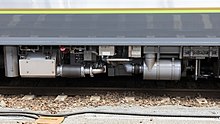 One of the underfloor diesel engines with hydraulic transmission under a car of JR Shikoku 2700 series DMU JR shikoku for 2706 SA6D140HE-2 at tokushima.jpg