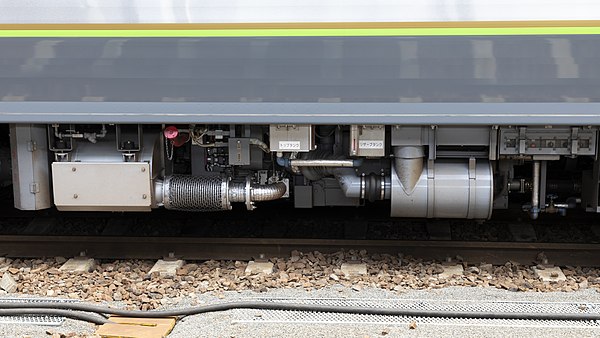 One of the underfloor diesel engines with hydraulic transmission under a car of JR Shikoku 2700 series DMU