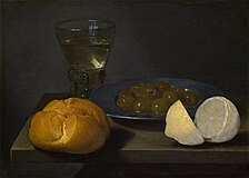 パン、オリーブ、レモン、ガラス食器のある静物画 カールスルーエ州立美術館