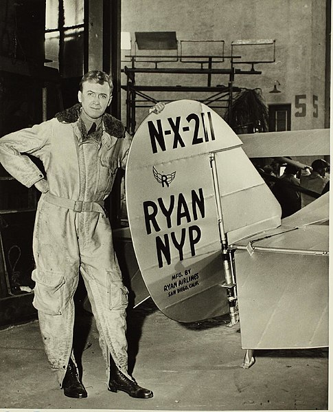 Jimmy Stewart with the aircraft replica used in the film