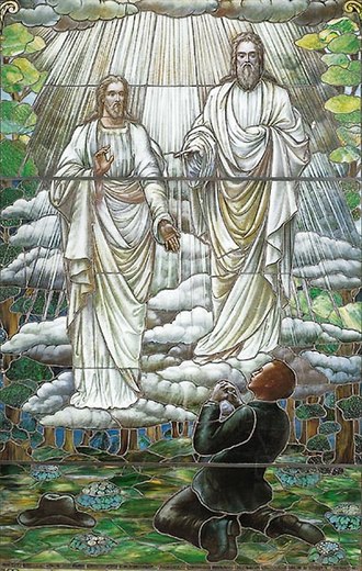 A stained glass depiction of Joseph Smith's First Vision. He said that Jesus and God the Father told him that all the churches of his day were corrupt and abominable. Joseph Smith first vision stained glass.jpg