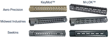 KeyMod and M-LOK handguards from various manufacturers KeyMod and M-LOK handguards.png