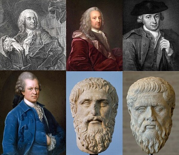 From left to right: Wolff, Holberg, Hamann, Lessing, Plato and Socrates
