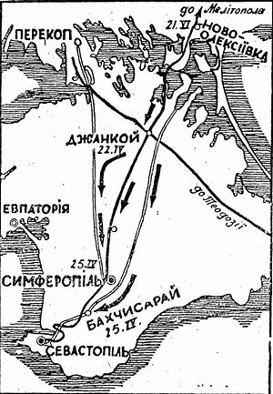 Малюнок-схема походу групи П. Болбочана на Крим у квітні 1918 року