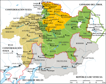 Map with the grey area of Valchiavenna, Tre Pievi, Valtellina and Bormio ruled by the Three Leagues from 1512 to 1797 La-Repubblica-delleTre-Legh-es.svg