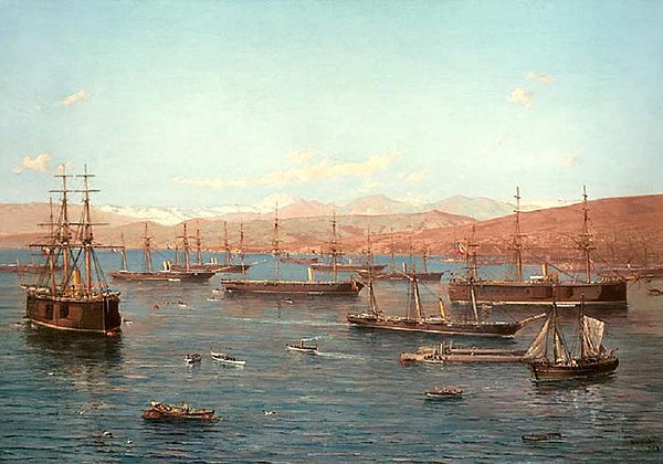 The Chilean Squadron anchored in Valparaíso's bay in 1879