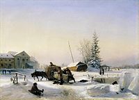 «Սառույցի տեղափոխում»։ Ձմեռային տեսարան Սանկտ Պետերբուրգի Վասիլևսկի կղզում գտնվող նախկին գինու քաղաքից), 1849: Վ. Պ. Սուկաչևի Իրկուտսկի շրջանային արվեստի թանգարան, Ռուսաստան
