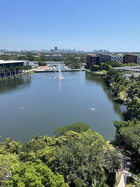 Lake Osceola on the University of Miami campus with the Downtown Miami skyline in the background in May 2022