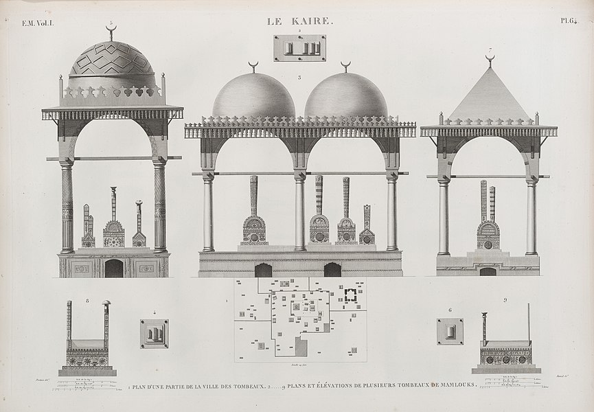 Pl.64 - 1. Plan d'une partie de la ville des tombeaux 2-9. Plans et élévations de plusieurs tombeaux de Mamlouks