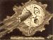 Dessin de Georges Méliès représentant l'atterrissage du vaisseau dans l’œil de la lune dans le film « Le Voyage dans la Lune ».
