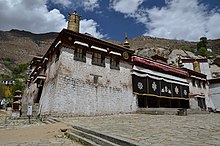 Sera Monastery, near Lhasa, in 2011. The thangka wall can be seen in the right upper corner. Lhasa - Sera Monastery - panoramio (1).jpg