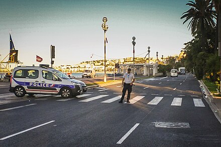 Police car at the site of the 2016 Nice truck attack, the day after