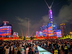 Shenzhen, one of the first special economic zones of China and the "Silicon Valley of China". Notable high-tech companies such as Huawei, ZTE and Konka were all founded in Shenzhen in the 1980s. Light Show of Shenzhen in May 2019 (1).jpg