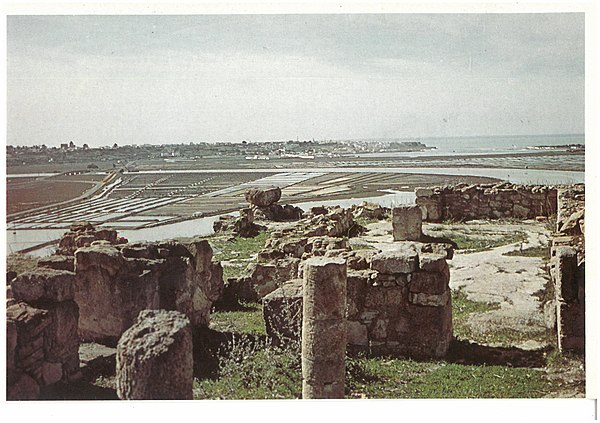 Picture of the archaeological site of Lixus showing ruins, salt factories, and Larache in the background