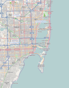 Mapa konturowa Miami, po lewej nieco na dole znajduje się punkt z opisem „Uniwersytet Miami”