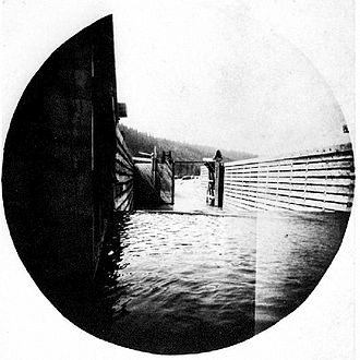 Lock of the Baillie-Grohman canal probably circa 1895. The lock gates shown in this photograph were deliberately destroyed by Capt. F.P. Armstrong in bringing North Star through the canal in June 1902. Lock at Canal Flats, BC 1890.JPG