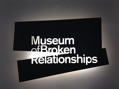 Logo of the Museum of Broken Relationships in Zagreb, Croatia on a wall inside the museum.