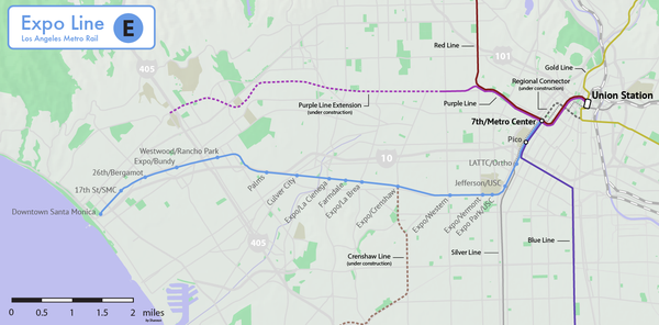 Route and stations of the E Line, relative to other Metro lines. Under construction or planned segment are shown as dashed lines.