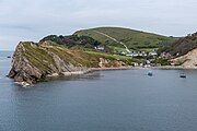 Lulworth Cove in Dorset, England in May 2021.