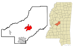 ミシシッピ州におけるマディソン郡（右図）と同郡におけるカントン市の位置