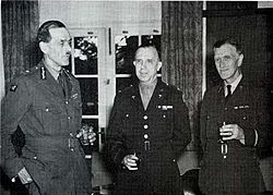 A Second World War era photograph showing Keynes (right) with surgeons Max Page (left) and Col. Oramel H. Stanley. Maj. Gen. Max Page, RAMC, and Air Commodore Geoffrey Keynes, RAF, with Col. Oramel H. Stanley, MC.jpg