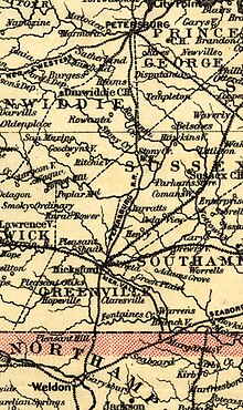 Map by G.W. & C.B. Colton & Co. of the Norfolk, Wilmington, and Charleston Railroad in 1891, cropped to show the Petersburg Railroad Map Showing the Norfolk - Wilmington and Charleston Railroad in 1891 Cropped to show the Petersburg Railroad.jpg