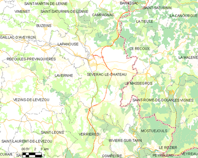 Carte de la commune de Sévérac-le-Château et de ses proches communes.