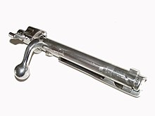 Mauser M98, marksman bolt group. Identifiable from the bent bolt handle. MauserSystem98Verschluss-03.jpg